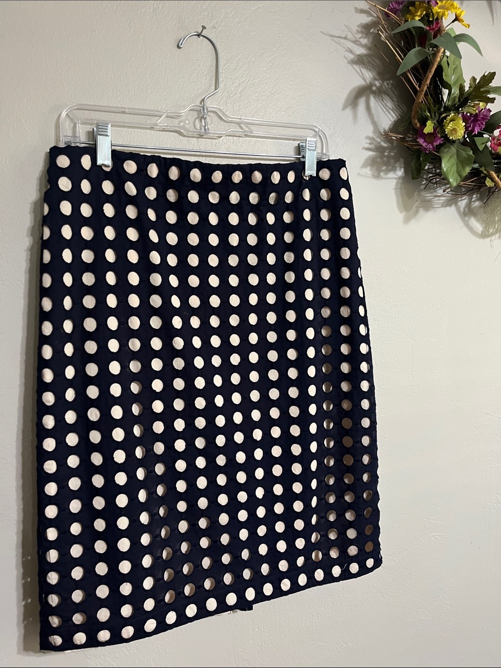 Ann Taylor Navy and Cream Polka Dot Pencil Skirt